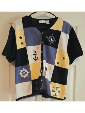 Vtg Croft & Borrow Nautical Coastal embroidered Knit Sweater Cardigan Sz Xl